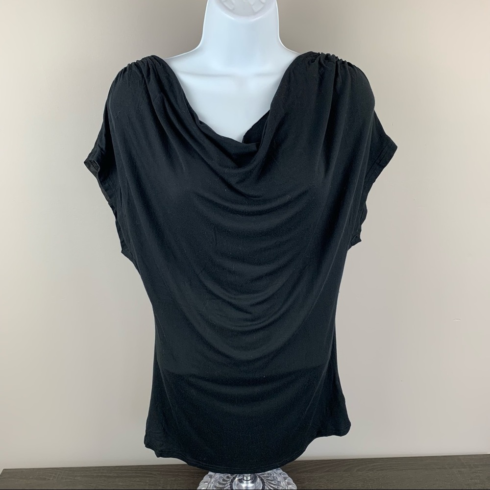 bebe Black Cap Sleeve Gathered Scoop Neckline Sheer Back XS EUC